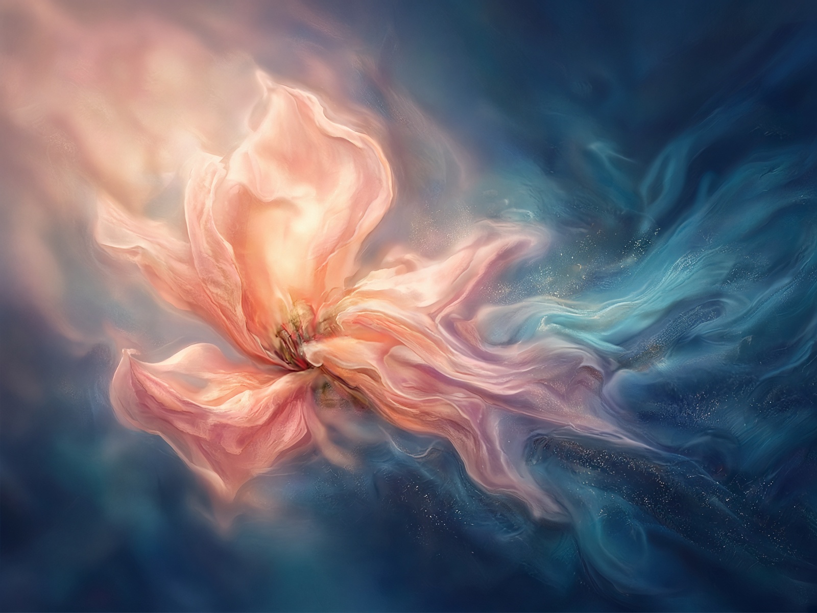 Soft-focus magnolia hybrid dissolving into peach and indigo mist