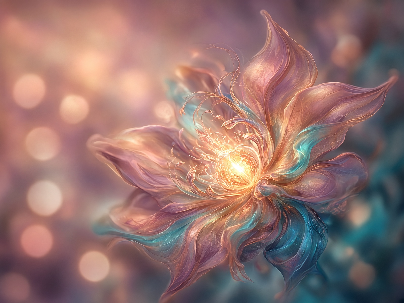 Unidentifiable hybrid bloom with a glowing core in rose gold and teal