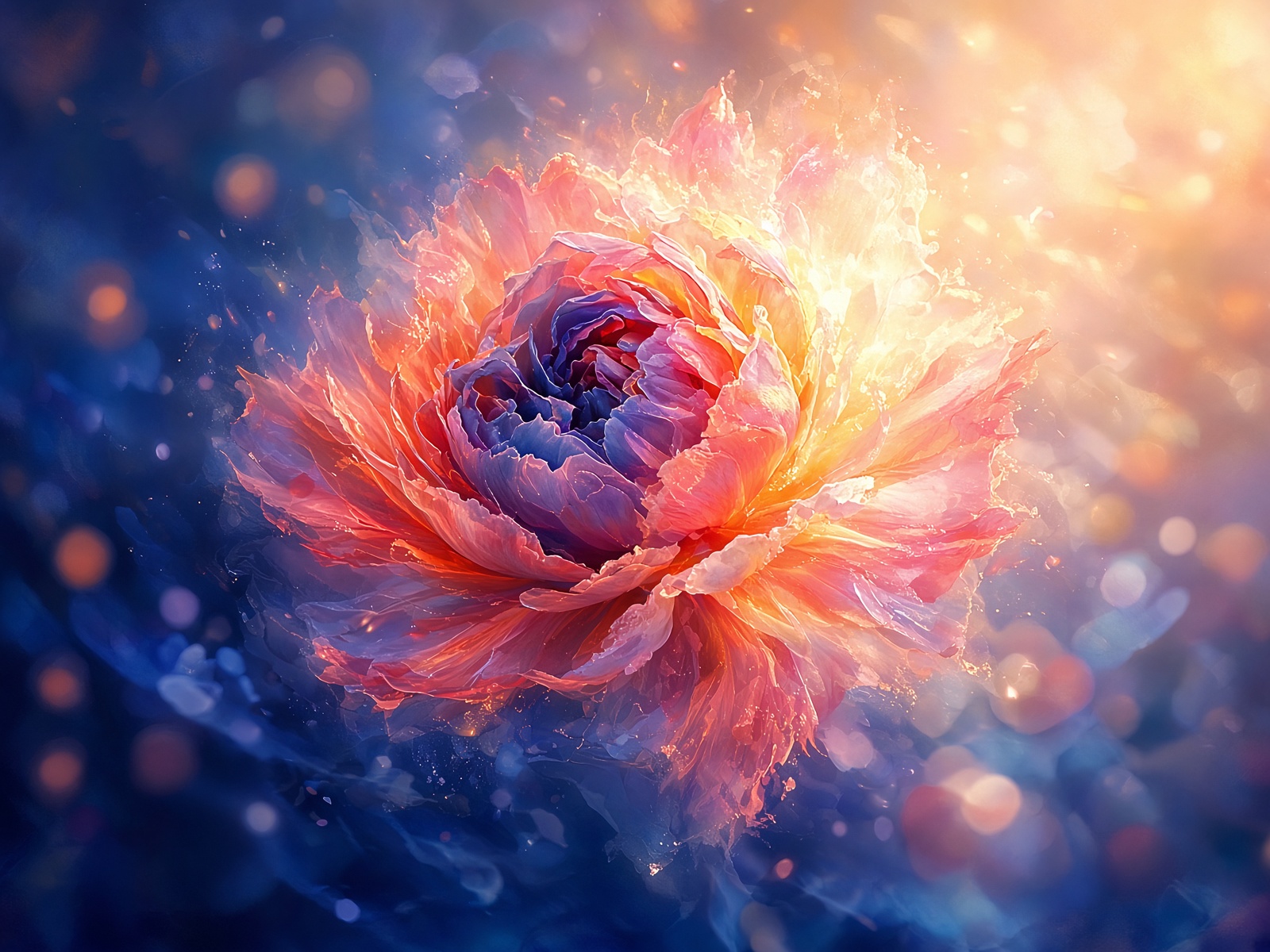 Blooming exotic rose hybrid with petals dissolving into coral and navy light
