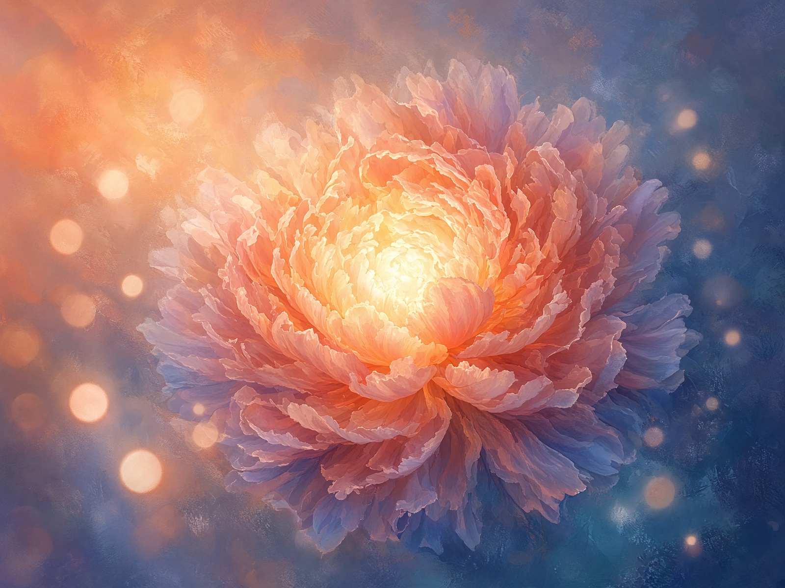 Layered peony hybrid glowing from the center in warm orange and slate blue